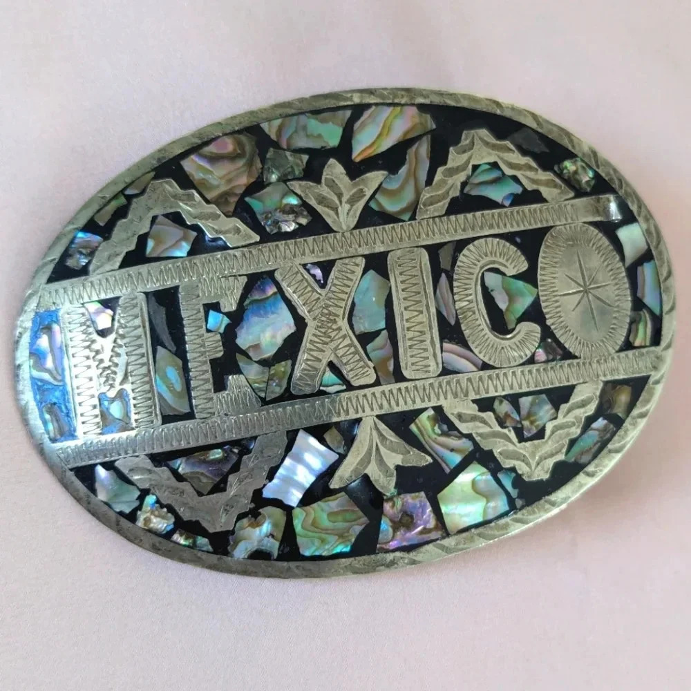 Abalone Belt Buckle- Alpaca Mexico Silver tone inlaid abalone shell shiny buckle